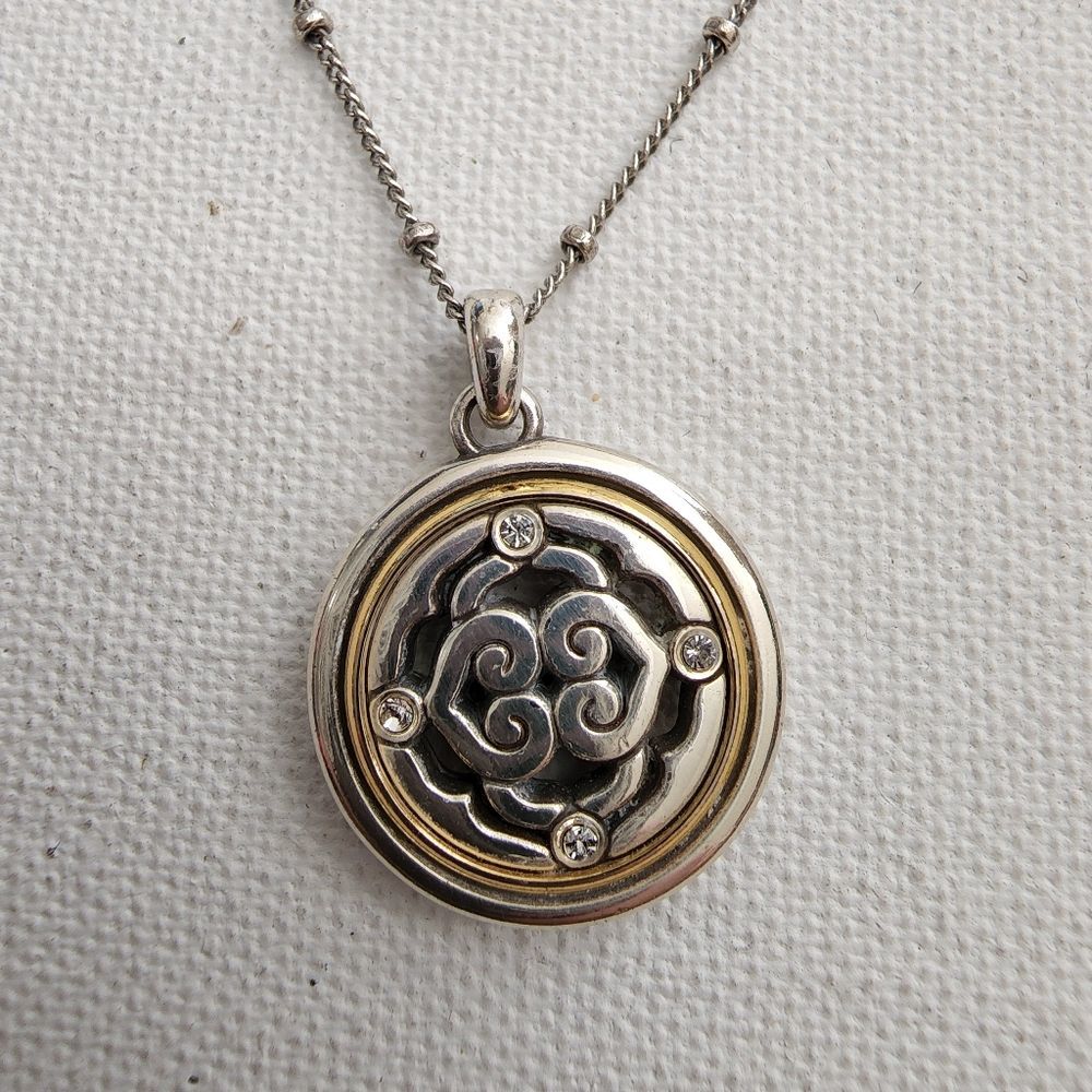 Brighton Intrigue Reversible Scroll Round Pendant Necklace Silver Gold‎ Crystal